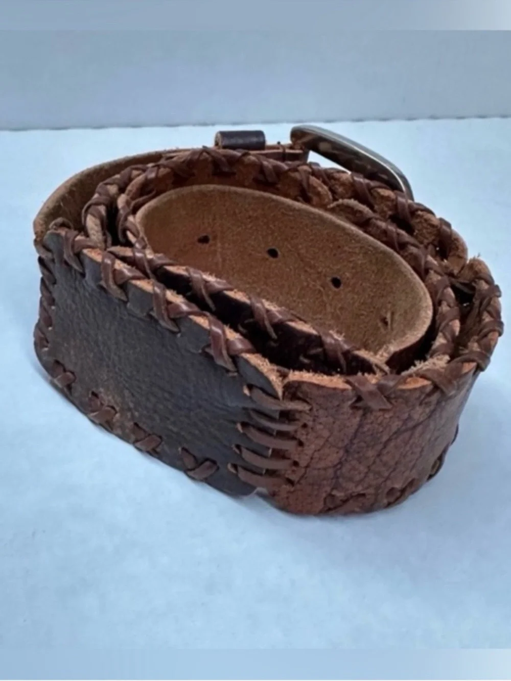 Genuine leather patchwork whipstitch belt 35”-39”